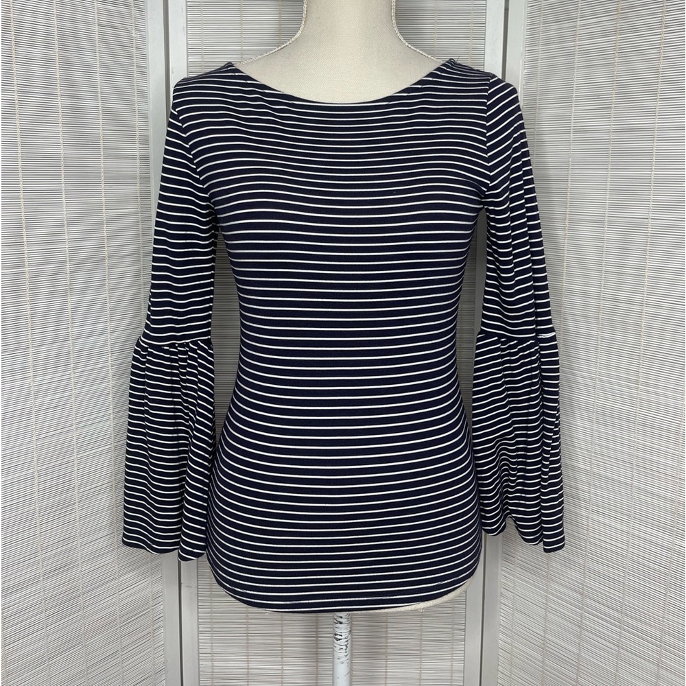 Frame Top Striped Bell Sleeve Navy White Modal Blend Boat Neck Stretch Size S